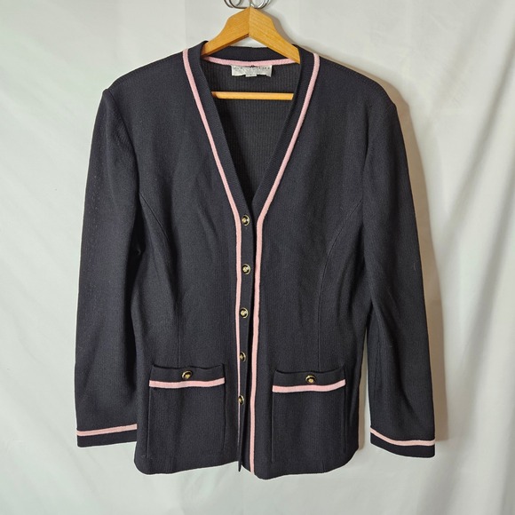 St John Santana Knit Pink and Black Cardigan sz Large - Picture 1 of 3